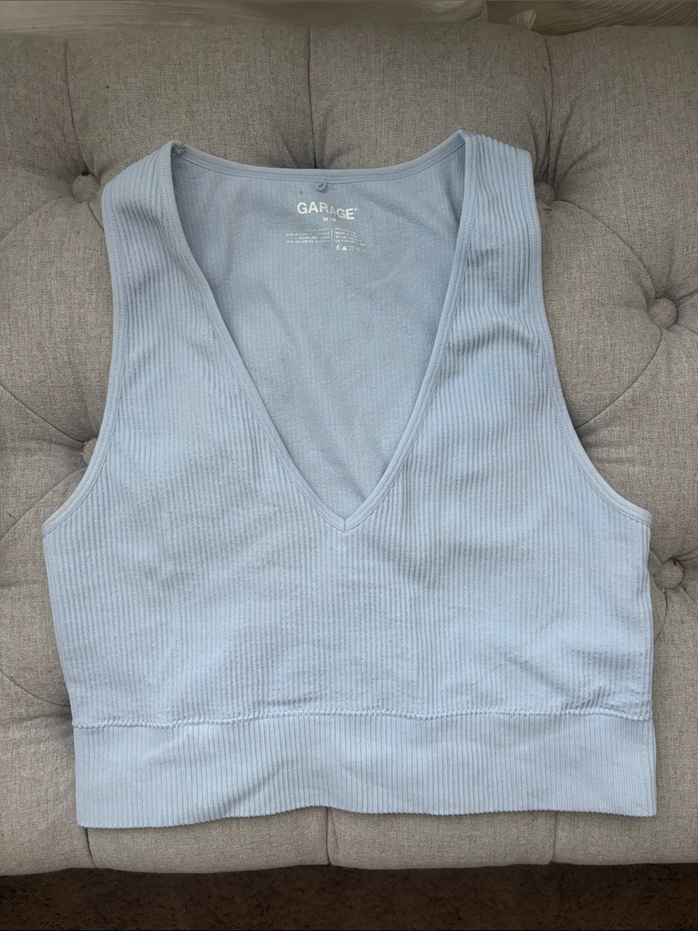 Garage Pale Blue Ribbed V-Neck Crop Tank